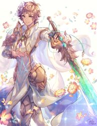 Rule 34 | 1boy, brown eyes, brown hair, closed mouth, cosplay, flower, glorybringer (granblue fantasy), gran (granblue fantasy), granblue fantasy, hair flower, hair ornament, highres, knights of glory, looking at viewer, male focus, simple background, smile, solo, sword, the glory (cosplay), weapon, white background