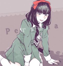 Rule 34 | 1girl, bad id, bad pixiv id, blush, bow, copyright name, dated, female focus, hair bow, looking at viewer, mole, mole under mouth, nail polish, necktie, peggy (pixiv9540913), persona, persona 1, school uniform, short hair, skirt, smile, solo, sonomura maki