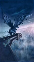 Rule 34 | 1boy, black feathers, chrysler building, city, cover, cover page, feathered wings, feathers, fog, john rocco, looking back, male focus, night, night sky, official art, pegasus, percy jackson, percy jackson and the olympians, plant, riding, riding animal, sky, vines, wings