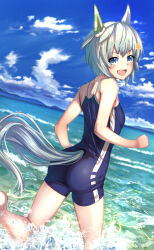Rule 34 | 1girl, animal ears, ass, barefoot, blue one-piece swimsuit, blue sky, blush, breasts, cloud, cloudy sky, commentary request, competition school swimsuit, ear covers, from behind, grey hair, hair ornament, hairclip, highres, horse ears, horse girl, horse tail, looking at viewer, ocean, one-piece swimsuit, open mouth, outdoors, running, school swimsuit, seiun sky (umamusume), single ear cover, sky, small breasts, smile, solo, swimsuit, tail, teeth, tks (526tks), tracen swimsuit, umamusume, upper teeth only, water