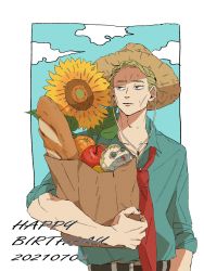 Rule 34 | 1boy, apple, bag, baguette, belt, blonde hair, blue shirt, blue sky, border, bread, character doll, closed mouth, cloud, collarbone, commentary request, dated, english text, flower, food, fruit, grocery bag, hand on own hip, happy birthday, hat, highres, jujutsu kaisen, leaf, loose necktie, male focus, mimaru (mimaruramim), nanami kento, necktie, orange (fruit), red necktie, shirt, shopping bag, short hair, sky, sleeves rolled up, solo, straw hat, sunflower, sweat, upper body, white border