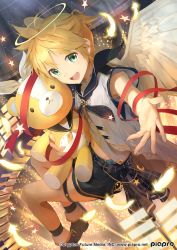 Rule 34 | 1boy, :d, angel wings, aqua eyes, blonde hair, cocolo (co co lo), feathers, halo, hatsune miku graphy collection, kagamine len, male focus, open mouth, outstretched hand, ribbon, sailor collar, shorts, smile, star (symbol), stuffed animal, stuffed toy, teddy bear, vocaloid, wings