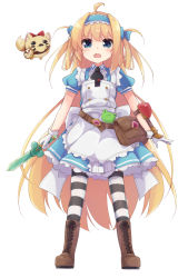 Rule 34 | 1girl, ahoge, apron, bag, blonde hair, blue bow, blue dress, blue hairband, blush, boots, bow, brown footwear, collared dress, commentary request, cross-laced footwear, dress, fang, full body, gloves, hair bow, hair rings, hairband, highres, holding, holding sword, holding weapon, lace-up boots, looking at viewer, maid apron, open mouth, original, pleated dress, puffy short sleeves, puffy sleeves, short sleeves, short sword, simple background, solar milk, solo, standing, striped clothes, striped thighhighs, sword, thighhighs, weapon, white apron, white background, white gloves