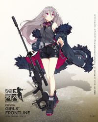 Rule 34 | 1girl, anti-materiel rifle, black footwear, black gloves, black shorts, bolt-action rifle, boots, breasts, character name, coat, cross-laced footwear, earphones, feather-trimmed coat, floating hair, full body, girls&#039; frontline, gloves, goggles, goggles around neck, grey coat, grey hair, grey tank top, gun, highres, holding, holding gun, holding weapon, lace-up boots, logo, long hair, looking away, medium breasts, multicolored hair, multiple straps, off shoulder, official art, open clothes, open coat, purple eyes, purple hair, rifle, scope, shorts, sidelocks, single glove, sniper rifle, sola7764, solo, streaked hair, sunglasses removed, suppressor, t-cms (girls&#039; frontline), tank top, tinted eyewear, truvelo armoury, truvelo cms, unworn eyewear, very long hair, weapon, wristband