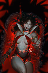 Rule 34 | 1girl, bath, black eyes, clothing cutout, collar, commentary, english commentary, from above, green eyes, highres, leirix, leotard, long hair, looking at viewer, navel, navel cutout, partially submerged, red leotard, red nails, revealing clothes, solo, vampirella, vampirella (character)