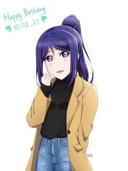 Rule 34 | 1girl, artist name, artist request, black shirt, black sweater, blue hair, blue pants, blush, breasts, brown jacket, collared jacket, denim, dolphin print, female focus, hair between eyes, highres, jacket, jeans, long hair, looking at viewer, love live!, love live! school idol festival, love live! sunshine!!, matsuura kanan, pants, parted lips, ponytail, purple eyes, rndy (rndy2207), shirt, small breasts, smile, solo, striped clothes, striped shirt, sweater, vertical-striped clothes, vertical-striped shirt, vertical-striped sweater, white background