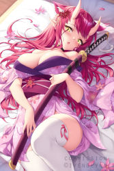 Rule 34 | 1girl, animal ear fluff, animal ears, bare shoulders, black choker, blush, breasts, choker, commentary, commission, english commentary, floral print, flower, hair flower, hair ornament, highres, holding, holding sheath, horns, ivenglynn, japanese clothes, katana, kimono, large breasts, long hair, looking at viewer, lying, obi, on back, on bed, oni horns, original, parted lips, petals, pink flower, pink kimono, pointy ears, print kimono, red eyes, red flower, sash, sheath, sheathed, short sleeves, solo, sword, thighhighs, weapon, white thighhighs, yellow eyes