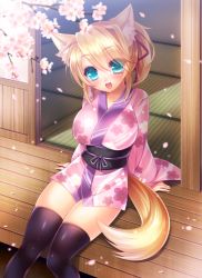 Rule 34 | 10s, 1girl, animal ears, blonde hair, blue eyes, blush, breasts, dog days, female focus, fox ears, fox tail, hair ribbon, hlz, japanese clothes, large breasts, long hair, looking at viewer, open mouth, ponytail, ribbon, sitting, solo, tail, thighhighs, yukikaze panettone