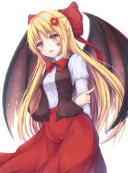 Rule 34 | arms behind back, bat wings, black vest, blonde hair, blush, bow, bowtie, cowboy shot, elis (touhou), facial mark, fang, flower, hair bow, hair flower, hair ornament, highres, juliet sleeves, long hair, long skirt, long sleeves, open mouth, parted bangs, pointy ears, puffy sleeves, red bow, red eyes, red flower, red neckwear, red skirt, shirt, simple background, skirt, star (symbol), touhou, touhou (pc-98), vest, white background, white shirt, wings, yanagi no ki, yellow eyes