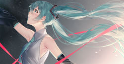 Rule 34 | 1girl, aqua eyes, aqua hair, aqua necktie, arl, from side, gradient background, grey background, hatsune miku, highres, long hair, looking away, looking up, necktie, solo, star (sky), twintails, upper body, very long hair, vocaloid