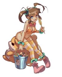 Rule 34 | 10s, 1girl, 2013, anklet, backpack, bag, bell, belt, bikini, blue eyes, blush, boots, bracelet, breasts, brown hair, bucket, candy, checkerboard cookie, choker, cleavage, collar, cookie, dark-skinned female, dark skin, dated, dress, fang, food, full body, glass, hamster, highres, jewelry, jingle bell, junkpuyo, lollipop, long hair, lots of jewelry, medium breasts, minori (senran kagura), neck bell, open mouth, orange thighhighs, pigeon-toed, salute, senran kagura, senran kagura shinovi versus, sitting, smile, solo, striped bikini, striped clothes, striped thighhighs, swimsuit, swirl lollipop, thighhighs, transparent background, twintails