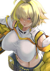 Rule 34 | 1girl, :p, ahoge, black gloves, blonde hair, blush, breasts, clothing cutout, crop top, crop top overhang, cropped sweater, elegg (nikke), exposed pocket, gloves, goddess of victory: nikke, grey shorts, hair intakes, hair over eyes, highres, large breasts, long bangs, long sleeves, looking at viewer, micro shorts, multicolored clothes, multicolored gloves, multicolored hair, navel, purple eyes, short hair, shorts, shoulder cutout, solo, suspender shorts, suspenders, thigh strap, tongue, tongue out, two-tone hair, yellow gloves, yude