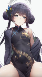 Rule 34 | 1girl, absurdres, black dress, black eyes, black hair, blue archive, breasts, china dress, chinese clothes, closed mouth, coat, doyoon 7, dragon print, dress, grey coat, grey halo, groin, halo, highres, kisaki (blue archive), long hair, looking at viewer, open clothes, open coat, sleeveless, sleeveless dress, small breasts, solo, striped clothes, striped coat, vertical-striped clothes, vertical-striped coat
