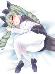 Rule 34 | 10s, 1girl, anchovy (girls und panzer), ass, black cape, black footwear, black skirt, blush, cape, clothes lift, dress shirt, drill hair, closed eyes, girls und panzer, green hair, hair ribbon, long hair, long sleeves, lying, mabuchoco m, on side, open mouth, pantyhose, parted lips, pleated skirt, ribbon, school uniform, shirt, shoes, skirt, skirt lift, sleeping, solo, twin drills, twintails, uniform, upskirt, white pantyhose, white shirt