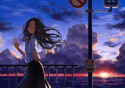 Rule 34 | 1girl, arm behind back, black hair, black skirt, blouse, blue sky, bow, bowtie, closed eyes, cloud, collared shirt, commentary request, cowboy shot, dusk, from side, grin, hand up, highres, horizon, kaneni, long hair, ocean, original, outdoors, parted lips, pedestrian lights, pleated skirt, railing, red bow, red bowtie, school uniform, shirt, shirt tucked in, short sleeves, skirt, sky, smile, solo, striped bow, striped bowtie, striped clothes, sunset, waving, white shirt