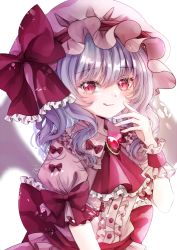 Rule 34 | 1girl, ascot, bat wings, belt, blurry, blurry background, blush, bow, buttons, closed mouth, collar, collared dress, dress, dress bow, frills, gem, hair between eyes, hand up, hat, hat bow, jaku sono, jewelry, looking at viewer, medium hair, mob cap, pink dress, pink eyes, pink hat, pink sleeves, puffy short sleeves, puffy sleeves, purple hair, red ascot, red belt, red bow, remilia scarlet, short sleeves, simple background, smile, solo, tongue, tongue out, touhou, white background, wings, wrist cuffs