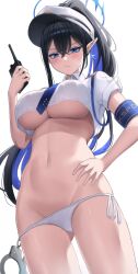 Rule 34 | 1girl, adapted costume, black hair, blue archive, blue eyes, blue hair, blue halo, blue necktie, blush, breasts, closed mouth, collared shirt, colored inner hair, cowboy shot, cuffs, giga-tera, gluteal fold, groin, hair between eyes, halo, hand on own hip, highres, large breasts, long hair, multicolored hair, navel, necktie, no pants, panties, pointy ears, rin (blue archive), shackles, shirt, short sleeves, side-tie panties, simple background, solo, underboob, underwear, walkie-talkie, white background, white panties, white shirt