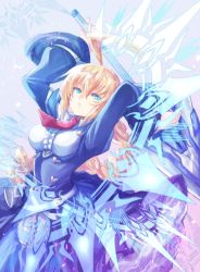 Rule 34 | 1girl, ahoge, blazblue, blazblue: central fiction, blonde hair, blue eyes, braid, breasts, cowboy shot, dress, es (xblaze), expressionless, framed breasts, frills, holding, holding sword, holding weapon, huge weapon, large breasts, long hair, long sleeves, looking at viewer, necktie, parted lips, ponytail, single braid, solo, sword, weapon, xblaze, xblaze code: embryo, yuuka seisen
