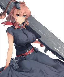 Rule 34 | 10s, 1girl, absurdres, belt, belt buckle, black dress, breasts, brown hair, buckle, dress, enosan, flight deck, grey eyes, hair between eyes, highres, holding, kantai collection, large breasts, long hair, looking at viewer, machinery, neckerchief, ponytail, red belt, red neckerchief, revision, saratoga (kancolle), saratoga mk ii (kancolle), scarf, side ponytail, simple background, smile, smokestack, solo, turret, white background