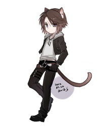 Rule 34 | 1boy, animal ears, belt, black footwear, black gloves, black jacket, black pants, blue eyes, boots, brown hair, cat boy, cat ears, cat tail, chibi, clenched hand, commentary request, cropped jacket, dated, expressionless, final fantasy, final fantasy viii, fur-trimmed jacket, fur trim, gloves, hiryuu (kana h), jacket, jewelry, long sleeves, male focus, multiple belts, necklace, open clothes, open jacket, pants, scar, scar on face, shirt, short hair, signature, simple background, solo, squall leonhart, standing, tail, v-neck, white background, white shirt