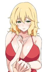 Rule 34 | 1girl, aged up, alternate breast size, bare shoulders, blonde hair, blush, breasts, cleavage, collarbone, dress, green eyes, hair between eyes, half-closed eyes, hand on own chest, holding hands, idolmaster, idolmaster cinderella girls, jewelry, large breasts, light smile, long hair, looking at viewer, necklace, parted lips, pov, red dress, sakurai momoka, shiny skin, sketch, sleeveless, sleeveless dress, solo focus, spaghetti strap, tawashi1623, upper body