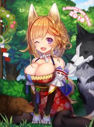 Rule 34 | 1girl, 2018, ;d, animal ears, bad hands, bad id, bad pixiv id, bare shoulders, black pantyhose, blue sky, breasts, brown hair, bush, cleavage, day, dog, dog ears, dog tail, english text, fang, floral print, haiba 09, happy new year, highres, large breasts, nengajou, new year, one eye closed, open mouth, original, outdoors, pantyhose, purple eyes, shide, sitting, sky, sleeping, smile, tail, tree, wariza, wreath