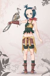 Rule 34 | 1girl, archaeopteryx, ari hinoko, bandana, bare shoulders, bike shorts, blue eyes, blue hair, blush, boots, brown footwear, brown gloves, closed mouth, clothes around waist, deko (kamemaru), dinosaur, falconry, fern, fingerless gloves, forehead, gloves, green socks, hair ornament, highres, jacket, jacket around waist, jewelry, looking at viewer, navel, necklace, original, short hair, shorts, single glove, smile, socks, solo, standing, tooth necklace, topknot, torn clothes, v-shaped eyebrows