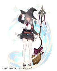 Rule 34 | 1girl, arm up, black footwear, black hat, black jacket, black skirt, bow, breasts, broom, brown eyes, center frills, character request, closed mouth, commentary request, copyright notice, frills, full body, garter straps, grey hair, hand on headwear, hat, holding, holding broom, jacket, large breasts, long hair, meth (emethmeth), mist train girls, official art, open clothes, open jacket, pleated skirt, purple bow, ringlets, shirt, shoes, simple background, skirt, smile, solo, standing, thighhighs, white background, white shirt, white thighhighs, witch hat