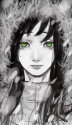 Rule 34 | 1girl, black hair, bonjindaaa, chainsaw man, coat, green eyes, greyscale, highres, hood, hoodie, jacket, limited palette, long hair, looking at viewer, mole, mole under eye, mole under mouth, monochrome, santa claus (chainsaw man), snow, snowing, solo, winter clothes, winter coat