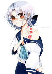 Rule 34 | 1girl, blue neckerchief, blue skirt, brown eyes, collarbone, glasses, grey hair, hand on own chest, highres, hirato (kancolle), kantai collection, long sleeves, nanari (nanari nannari), neckerchief, off shoulder, pleated skirt, school uniform, serafuku, short hair, simple background, skirt, solo, upper body, wavy hair, white background