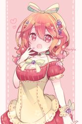 Rule 34 | 1girl, :d, apron, aruya (flosrota), bare shoulders, blush, breasts, brown apron, brown hair, cleavage, collarbone, dotted line, dress, flower, green hairband, green ribbon, hair between eyes, hair ribbon, hairband, hand up, heart, highres, long hair, looking at viewer, medium breasts, nail polish, off-shoulder dress, off shoulder, open mouth, original, puffy short sleeves, puffy sleeves, red dress, red eyes, red flower, red nails, ribbon, short sleeves, smile, solo, twitter username, wrist cuffs