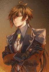 Rule 34 | 1boy, armor, brown hair, crossed arms, expressionless, formal, genshin impact, gradient hair, hair between eyes, highres, jin (phoenixpear), long hair, looking at viewer, male focus, multicolored hair, necktie, pauldrons, ponytail, shoulder armor, solo, upper body, white necktie, yellow eyes, zhongli (genshin impact)