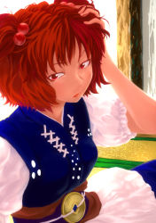 Rule 34 | 1girl, arm up, female focus, hair bobbles, hair ornament, highres, kiriu, lips, onozuka komachi, puffy short sleeves, puffy sleeves, red eyes, red hair, ruffling hair, sash, short hair, short sleeves, sitting, skirt, solo, touhou, twintails, two side up