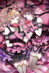 Rule 34 | 2girls, alternate hairstyle, apple, armband, artist name, bang dream!, bed, black bow, black choker, blonde hair, blush, bow, brown hair, choker, corset, dress, earrings, flower, food, frilled choker, frilled pillow, frills, fruit, garter straps, gloves, hair bow, half updo, holding, holding flower, holding food, holding fruit, ichigaya arisa, jewelry, lace, lace-trimmed gloves, lace trim, long hair, looking at viewer, lying, multiple girls, nennen, on back, on side, petals, pillow, pink gloves, polka dot, purple eyes, red flower, red rose, rose, short hair, thighhighs, toyama kasumi, twitter username, yellow eyes