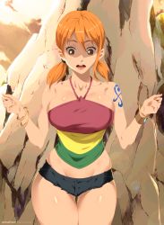 Rule 34 | 1girl, absurdres, breasts, highres, large breasts, nami (one piece), one piece, one piece: strong world, short shorts, shorts, skindentation, solo, stayaliveplz, thick thighs, thighs