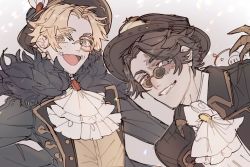 Rule 34 | 2boys, :d, blonde hair, blue eyes, brown eyes, brown hair, burn scar, coat, colored eyelashes, ascot, freckles, frills, fur-trimmed coat, fur trim, glasses, grey background, hat, identity v, looking at viewer, male focus, mike morton, monocle, mr. mole (identity v), mr. swifts (identity v), multiple boys, norton campbell, official alternate costume, open mouth, scar, short hair, simple background, smile, star-shaped pupils, star (symbol), symbol-shaped pupils, wonakira