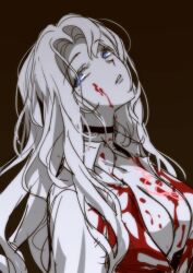 Rule 34 | 1girl, bbunny, blood, blood on breasts, blood on clothes, blue eyes, breasts, brown background, choker, cleavage, collared shirt, greyscale, greyscale with colored background, head tilt, highres, large breasts, limbus company, long hair, looking at viewer, mole, mole under eye, monochrome, open clothes, open shirt, parted bangs, parted lips, project moon, rodion (project moon), shirt, sidelocks, solo, spot color, upper body, very long hair