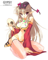 Rule 34 | 1girl, animal, animal on head, bad id, bad pixiv id, bare shoulders, bikini, bikini top only, blush, breasts, brown hair, cat, cat on head, character name, cleavage, copyright name, curvy, detached sleeves, drooping cat, emily (pure dream), feet, gypsy, gypsy (ragnarok online), harem pants, hat, highres, jewelry, large breasts, long hair, mask, midriff, navel, on head, pants, pointy ears, purple eyes, ragnarok online, sandals, simple background, solo, swimsuit, toes, white background