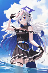 Rule 34 | 1girl, absurdres, adjusting eyewear, amane kanata, amane kanata (work), angel wings, black gloves, blue hair, blue sky, bow, breasts, cloud, colored inner hair, commentary request, cowboy shot, eyewear on head, gloves, grey hair, hair bow, hair ornament, hairclip, halo, highres, hololive, long hair, miniskirt, multicolored hair, partially fingerless gloves, single thighhigh, skirt, skirt hold, sky, small breasts, solo, star halo, sunglasses, thigh strap, thighhighs, two-tone hair, two side up, very long hair, virtual youtuber, wading, water, wings, yt9676