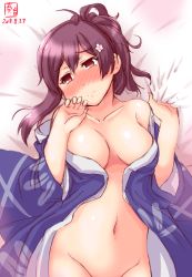 Rule 34 | 1girl, alternate costume, alternate hairstyle, artist logo, bare shoulders, bed sheet, blue kimono, blush, breasts, collarbone, commentary request, dated, embarrassed, groin, hagikaze (kancolle), hair ornament, high ponytail, highres, japanese clothes, kanon (kurogane knights), kantai collection, kimono, lying, medium breasts, naked kimono, navel, on bed, open clothes, open kimono, out-of-frame censoring, purple eyes, purple hair, revision, sheet grab, signature, solo, white background, yukata