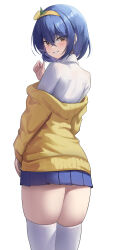 Rule 34 | 1girl, absurdres, back, blue hair, commission, food-themed hair ornament, hair ornament, headband, highres, legs, legs together, lemon hair ornament, looking back, miniskirt, original, poko (poko), shirt, short hair, simple background, skirt, sweater, thick thighs, thighhighs, thighs, visible air, white background, white shirt, white thighhighs, yellow eyes, yellow headband, yellow sweater