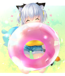 Rule 34 | 1girl, ^ ^, animal ears, bare shoulders, blue shorts, blush, breasts, camisole, cat ears, cat girl, cat tail, closed eyes, commentary request, cutoffs, facing viewer, grey hair, hair between eyes, holding, holding swim ring, innertube, large breasts, ooji cha, original, oziko (ooji cha), short shorts, shorts, sitting, solo, swim ring, tail, two side up, wariza, yellow camisole
