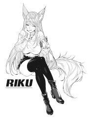 Rule 34 | 1girl, ;d, animal ears, boots, breasts, cellphone, commission, crossed legs, full body, greyscale, highres, jewelry, large breasts, miniskirt, monochrome, mushi024, necklace, off-shoulder sweater, off shoulder, one eye closed, open mouth, original, phone, riku (yochris72), simple background, sitting, skirt, smartphone, smile, solo, sweater, tail, thighhighs, white background