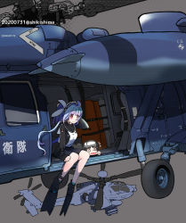 Rule 34 | 2girls, ah-64 apache, aircraft, aircraft request, alternate costume, artist name, blue hair, bodysuit, commentary request, dated, diving suit, flippers, grey background, hair ribbon, helicopter, i-19 (kancolle), kantai collection, long hair, looking at viewer, maru-yu (kancolle), multiple girls, red eyes, ribbon, shikishima fugen, sitting, tri tails, uh-60 blackhawk, wetsuit