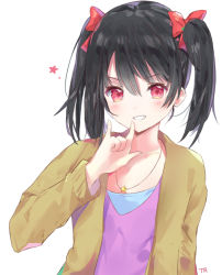Rule 34 | 10s, 1girl, artist name, black hair, blush, cardigan, hair between eyes, hand up, jewelry, looking at viewer, love live!, love live! school idol project, necklace, nico nico nii, open cardigan, open clothes, parted lips, purple shirt, red eyes, shirt, signature, simple background, smile, solo, star (symbol), star necklace, tr (kangtw123), twintails, v-neck, white background, yazawa nico
