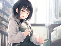 Rule 34 | 1girl, :d, apron, bed, black hair, blurry, blurry background, breasts, brown eyes, commentary request, curtains, depth of field, drawstring, hasumi (hasubatake39), highres, hood, hood down, hoodie, large breasts, long sleeves, looking at viewer, mimikaki, open mouth, original, puffy long sleeves, puffy sleeves, sleeves past wrists, smile, solo, trash can, white hoodie, window