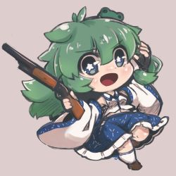 Rule 34 | 1girl, :d, blue eyes, blush, chibi, detached sleeves, dnk, fingerless gloves, frog hair ornament, gloves, green hair, grey background, gun, hair ornament, highres, holding, holding gun, holding weapon, kochiya sanae, long hair, looking at viewer, open mouth, rifle, simple background, skirt, smile, snake hair ornament, solo, star-shaped pupils, star (symbol), symbol-shaped pupils, touhou, weapon