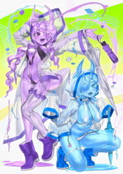 2girls absurdres blue_eyes blue_footwear blue_hair blue_tongue boots breasts cleavage closed_umbrella colored_tongue hair_over_one_eye highres holding holding_umbrella horns large_breasts long_sleeves looking_at_viewer medium_breasts monster_girl multiple_girls one_eye_closed original purple_eyes purple_footwear purple_hair purple_tongue raincoat rubber_boots sakoku_(oyatsu3ji_) short_hair slime_girl umbrella