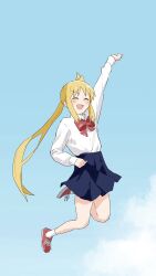 Rule 34 | 1girl, :d, ahoge, arm up, blonde hair, blue skirt, blue sky, blush, bocchi the rock!, bow, closed eyes, cloud, collared shirt, commentary request, full body, highres, ijichi nijika, jumping, long hair, one side up, ookiiayu, open mouth, polka dot, polka dot bow, red bow, red footwear, school uniform, shirt, shirt tucked in, sidelocks, simple background, skirt, sky, smile, socks, solo, v-shaped eyebrows, very long hair, white socks, white uniform