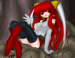 Rule 34 | 1girl, animal, bare shoulders, black thighhighs, blush, breasts, bug, elbow gloves, eyes visible through hair, female focus, gloves, hair over eyes, kyuusui gakari, large breasts, leotard, long hair, looking at viewer, open mouth, original, oversized animal, red eyes, red hair, sleeveless, smile, solo, spider, thighhighs, yurina paruterikusu